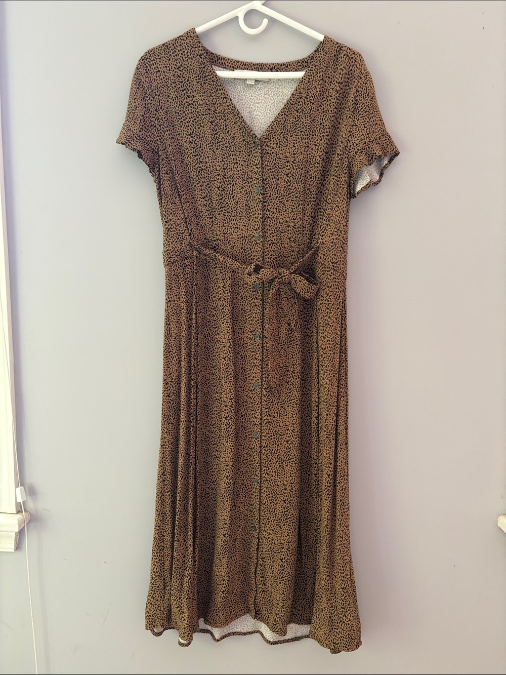 LOFT Brown Printed Midi Dress with Tie Waist - Picture 1 of 7